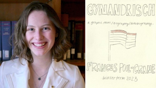 Frances Pool-Crane '23 alongside the cover of the graphic novel she wrote, Gynandrisch